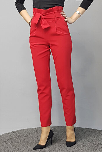 ÖNDER ÖZSOY Belt Pleated Pocket High Waist Trousers-red
