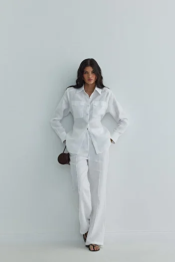 Suud Collection White 100% Linen Shirt with Oyster Waist Belt