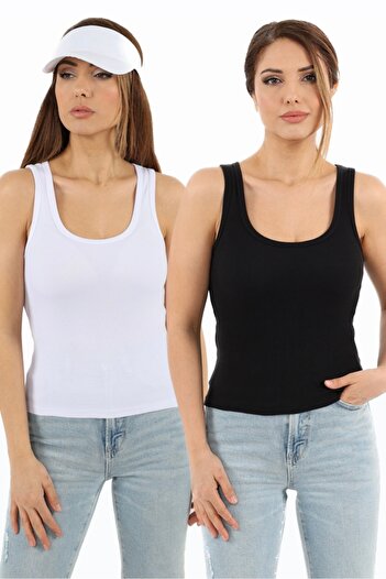 Ritnice Women's Cotton Premium Set of 2 White Black Cotton Basic Corduroy Undershirt