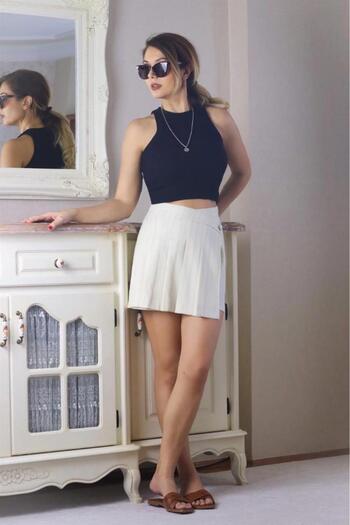 Ritnice Women's Cream Navy Blue Striped Shorts Skirt