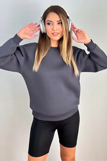Ritnice Women's Cozy Inside Fleece Smoked Basic Crew Neck Cotton Thick Knitted Sweatshirt