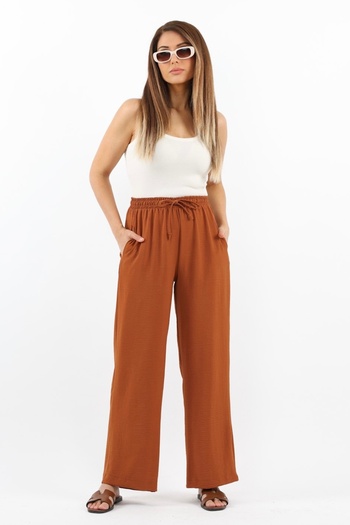 Ritnice Women's Relaxed Coffee Waist Elastic Straight Cut Ayrobin Pants with Pockets