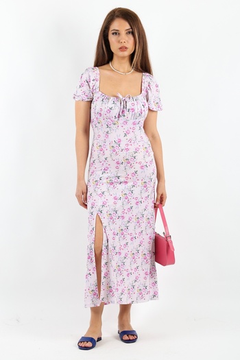 Ritnice Pink Beige Gardenia Flower Patterned Women's Dress
