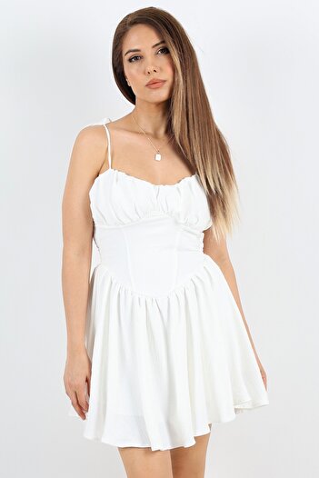 Ritnice Rochie Albă Scurtă - Aspect Corset, Căptușeală și Spate Elastic