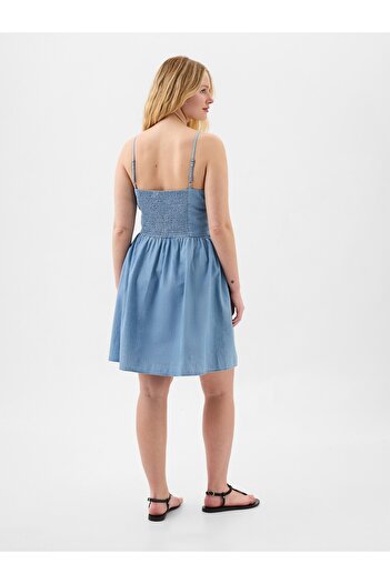 GAP Kadın Mavi Kare Yaka Denim Mini Elbise