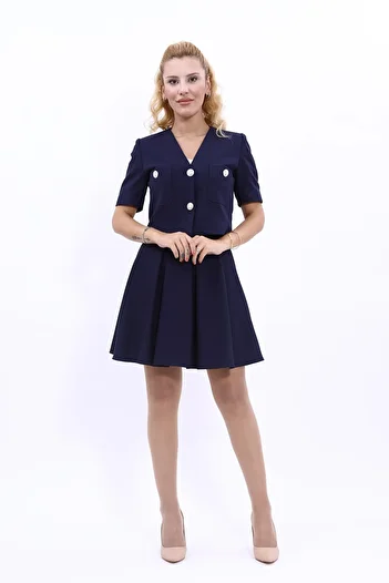 ÖNDER ÖZSOY Short Sleeve Collarless Mini Jacket & Flared Short Skirt Set-navy blue
