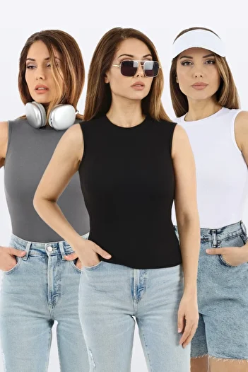 Ritnice Women's Closed Neck 3-Piece Cotton Black White Anthracite Solid Sleeve Corduroy Undershirt