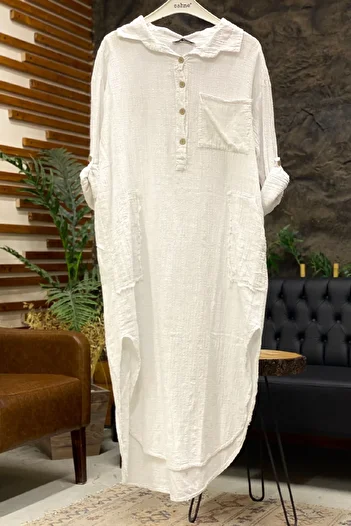 sahnemoda Μακρύ λινό φόρεμα με γιακά με κουμπιά