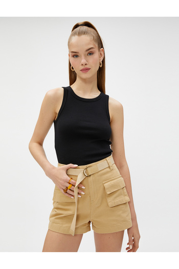 Koton Denim Shorts with Belt Detail, High Waist and Pocket