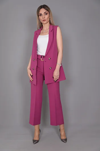 ÖNDER ÖZSOY Midi Length Classic Vest & Short Wide Leg Trousers-fuchsia