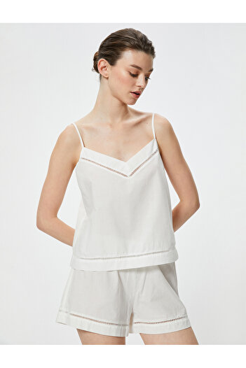 Koton Embroidered V-Neck Cotton Strap Pajama Top - Loose Fit
