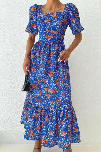 Mossta Rochie lungă cu modele florale cu decolteu pătrat Saks