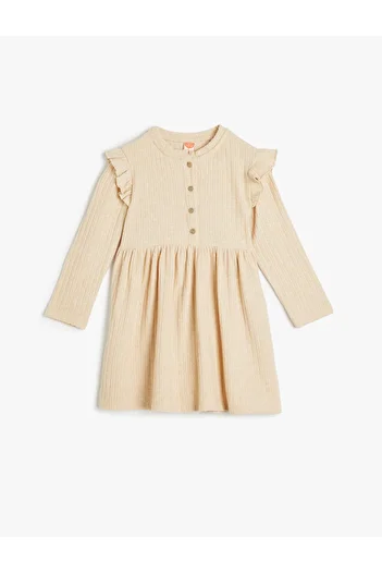 Koton Long Sleeve Textured Dress - Ruffle Detail and Buttons