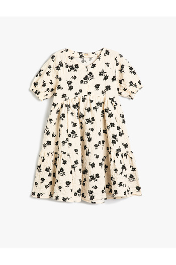 Koton Floral Dress Short Sleeve Round Neck Textured Buttoned Cotton
