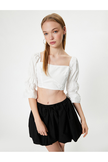 Koton Heart Collar Crop Blouse - Ruffle, Flare Sleeve, Slim Fit