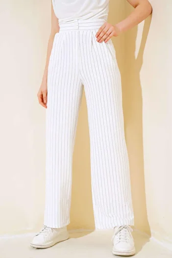 Mossta White Striped Palazzo Trousers - Pocketed