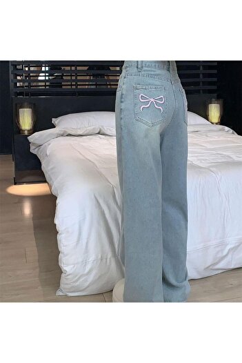 Toum MODESSY Kurdele Detaylı Baggy Yıkamalı Mavi Jean