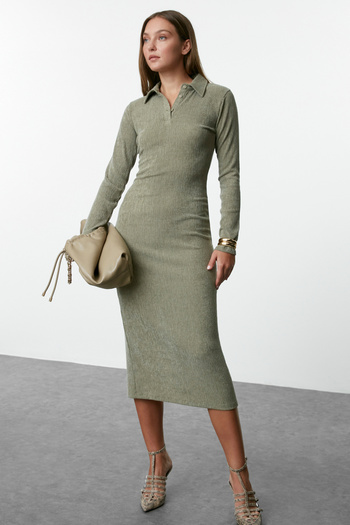 Trendyol Collection Khaki Colored Plain Polo Collar Textured Knitted Dress - Button Detail, Fitted Twoaw25El00318