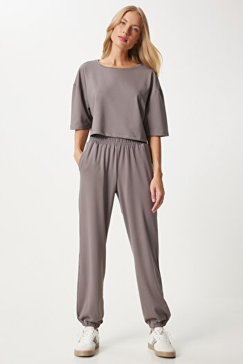 Happiness İstanbul Gray Crop T-Shirt and Jogger Tracksuit Set - Fn03316