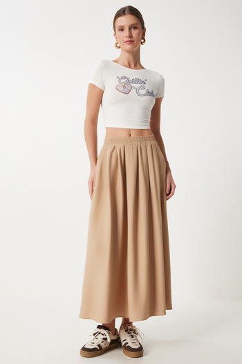 Happiness İstanbul Mink Long Flared Skirt - Pocketed, Women'S, Woven Us00933