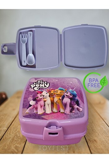 TOYFEST 2 Tiers 4 Compartments Square Lunch Box with Lock Lid and Spoon and Fork - My Little Pony Themed