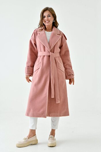 bayansepeti Women's Midi Dried Rose Coat - Belt Detail, Double Breasted Collar, Long Sleeve, Lined 9002