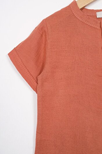 zepkids Crew Neck Short Sleeve Bicycle Collar Button Detailed Short Sleeve Brick Color Boy's Shorts Set