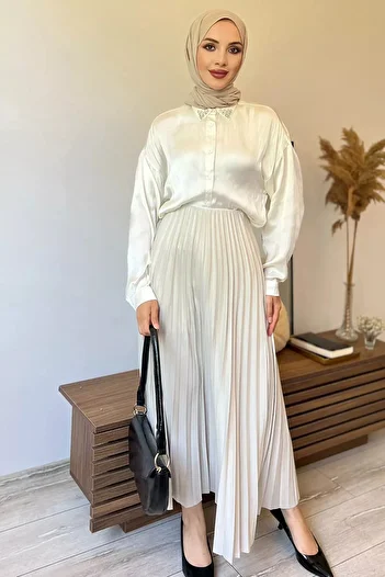 julude Pleated Hijab Skirt - Stone Waist Elastic