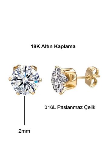 ByFlorya Jewelry Çelik Tek Taş Küpe 18K Altın Kaplama Tek Taşlı Paslanmaz Çelik Küpe 2mm
