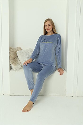 Akbeniz Silks  Moda Çizgi Kadın Kadife Mavi Pijama Takım 20624