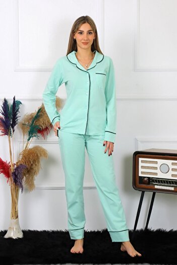 Akbeniz Women's Cotton Combed Front Buttoned Long Sleeve Water Green Pajama Set 2782