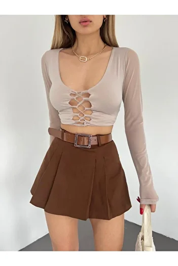 LB Laluna Butik Fustă mini cu curea plisată și pantaloni scurți pentru femei
