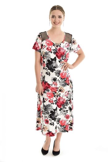 Sense Women's Ecru Red Floral Shoulder Mesh Dress Elb31547