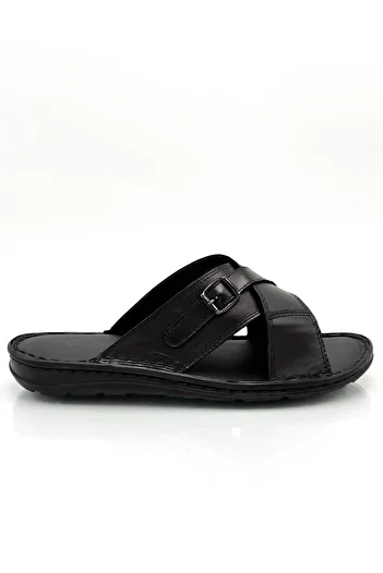 sermoda Genuine Real Leather Men's Slippers Lightweight Slippers Leather T Black
