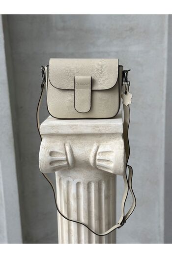DERKON Cream Colored Miley Model Genuine Leather Crossbody Bag