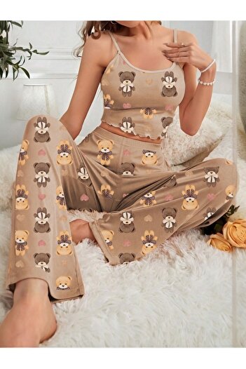 Cesur Women's Strap Long Pajama Set CoffeeWithMilkBear1