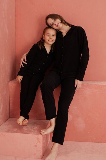 ELİTOL Fleece Pajama Set - Black, Flat Front Buttoned