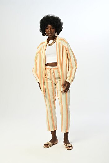Orfeo Negro Comfortable Women's Cotton Trousers - Elastic Waist and Striped