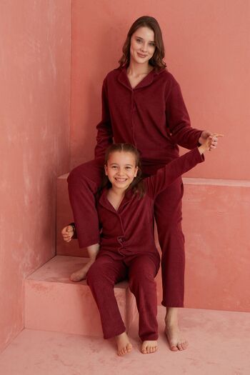 ELİTOL Claret Red Fleece Pajama Set - Front Buttoned