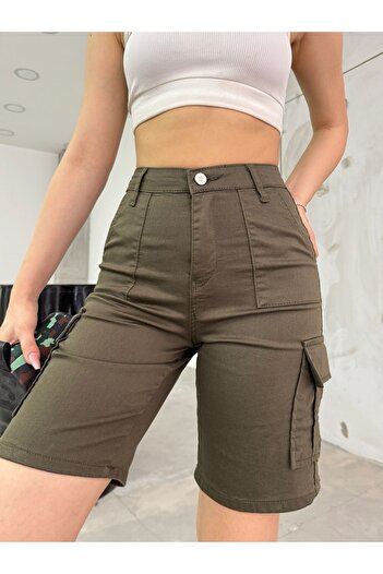 BİKELİFE High Waist Stretchy Bermuda Shorts with Cargo Pocket
