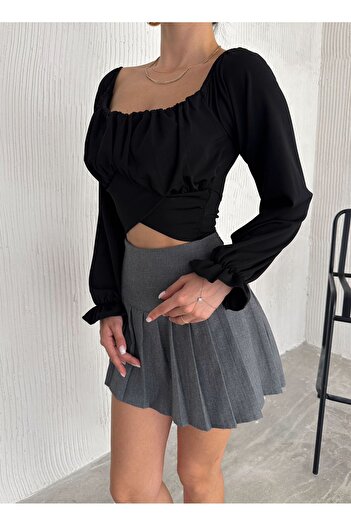 ELBEY Altı Çapraz Kolları Lastikli Uzun Kollu Sandy Bluz