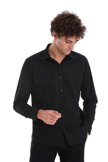 Hatemoğlu Μαύρο Slim Fit Απλό Βαμβακερό μακρυμάνικο αθλητικό πουκάμισο με λεπτή λαιμόκοψη