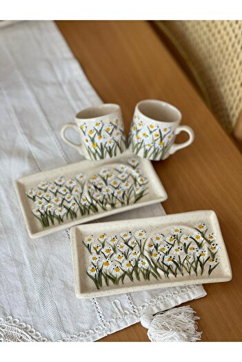 Store Daisy Flower Patterned Special Design Turkish Coffee Cup - 2 Pieces