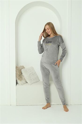 Akbeniz Velvet Gray Women's Pajama Set - 20624