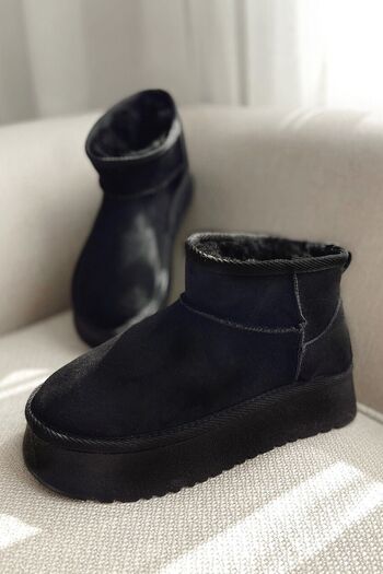 POLKA STORE Chestnut Ultra Mini Platform Γούνινη επένδυση Μαύρη Χοντρή Σόλα Άνετα Γυναικεία Μποτάκια