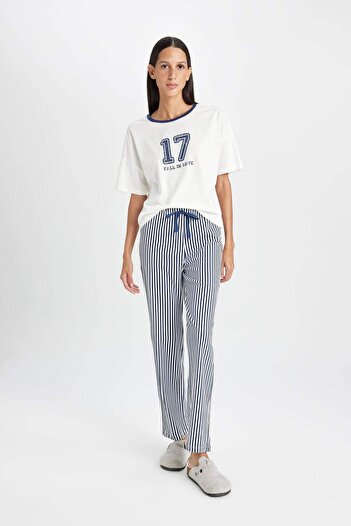 DeFacto Pajama Set Printed Short Sleeve Top Striped Elastic Waist Bottom-Fall in Love D5658AX24AU