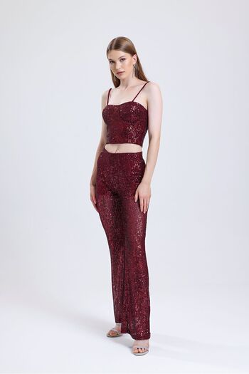 Sense Claret Red Sequined Hidden Zipper Trousers - Lined Pnt32488