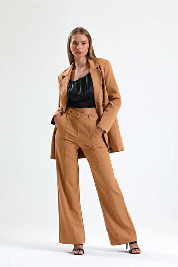 Sense Ornamental Stitched Hürrem Fabric Wide Leg Trousers| Pnt34239 Camel