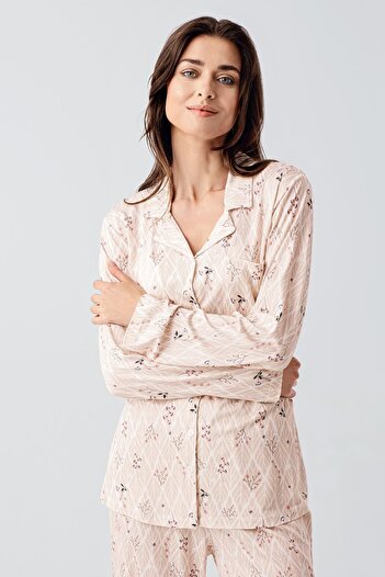Artış Flexible Viscose Pajama Set - Long Sleeve and Patterned Buttoned