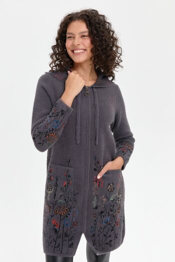 Desen Triko Anthracite Wild Flower Print Long Cardigan with Hood